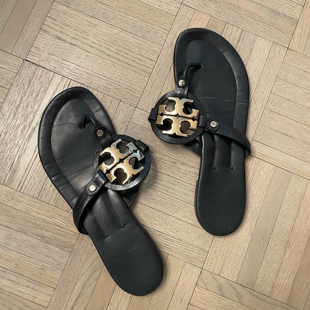 Tory Burch Black and Gold Miller Metal Sandal 9